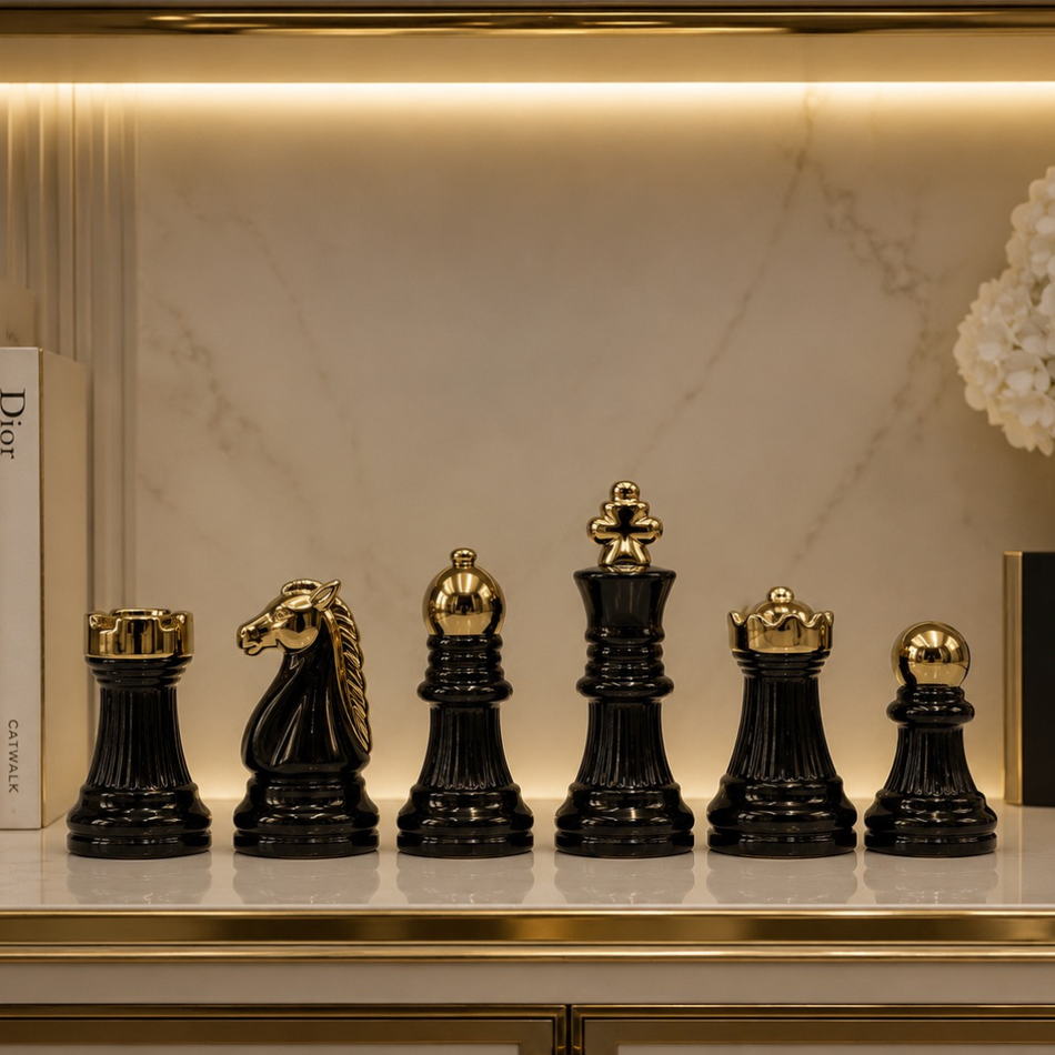 Black & Gold Chess Piece Ornament Set 18cm – Set of 6 Ceramic Figurines