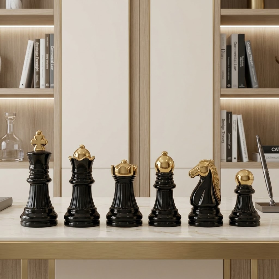 Black and Gold Chess Piece Ornament Set 18cm Office Shelf Decor