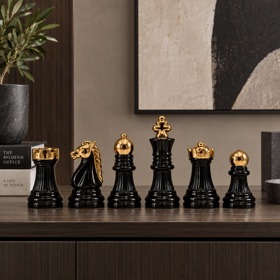 Black and Gold Chess Piece Ornament Set 18cm Office Shelf Decor