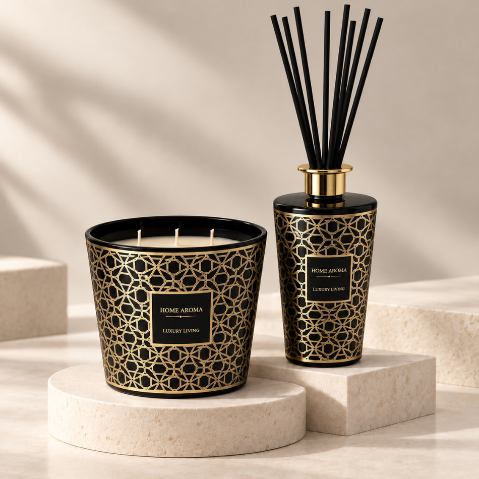 Black and Gold Geometric Reed Diffuser 500ml and Scented Candle Gift Set