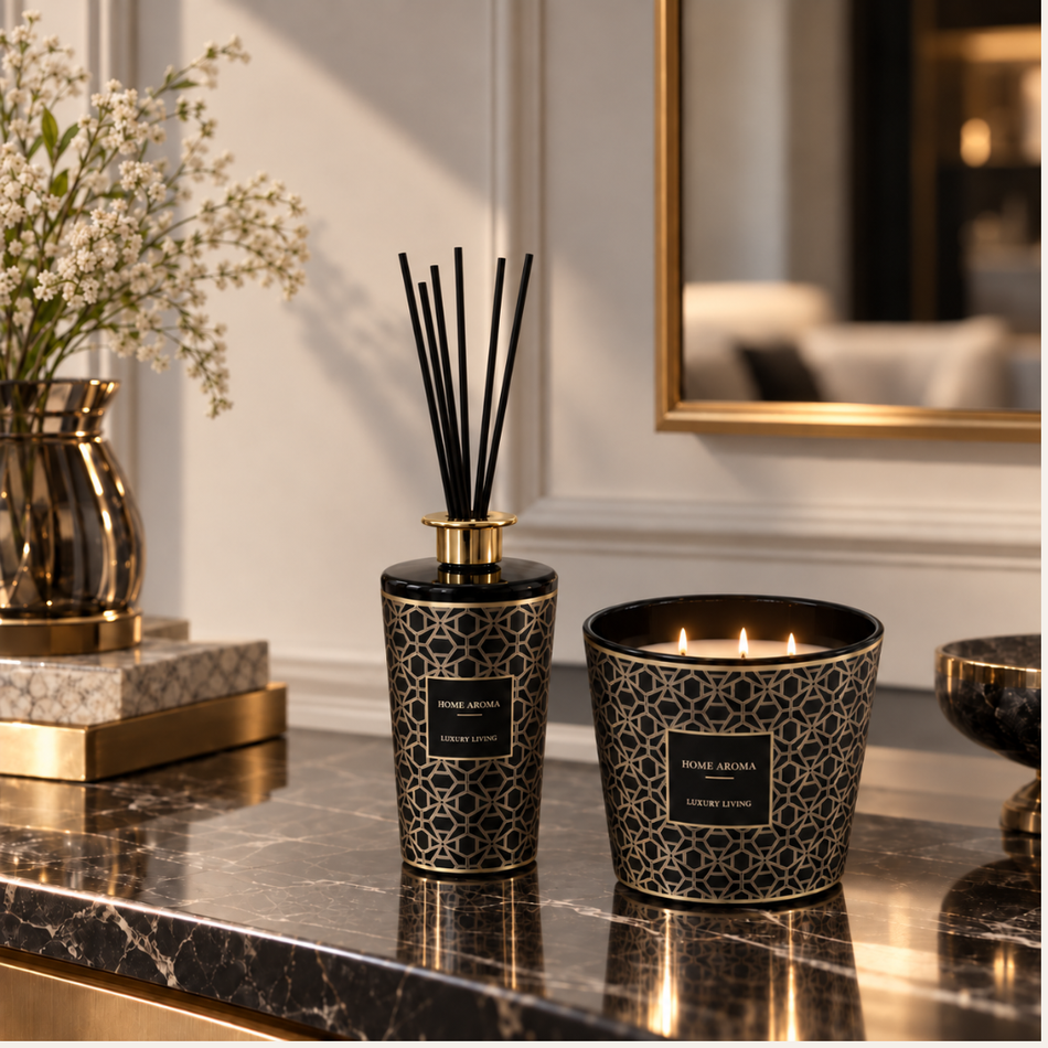 Black and Gold Geometric Reed Diffuser 500ml and Scented Candle Gift Set