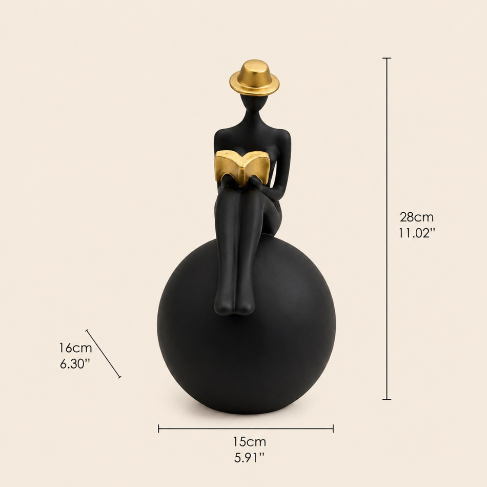 Black & Gold Reading Lady Figurine on Ball 28cm – Resin Sculpture Ornament