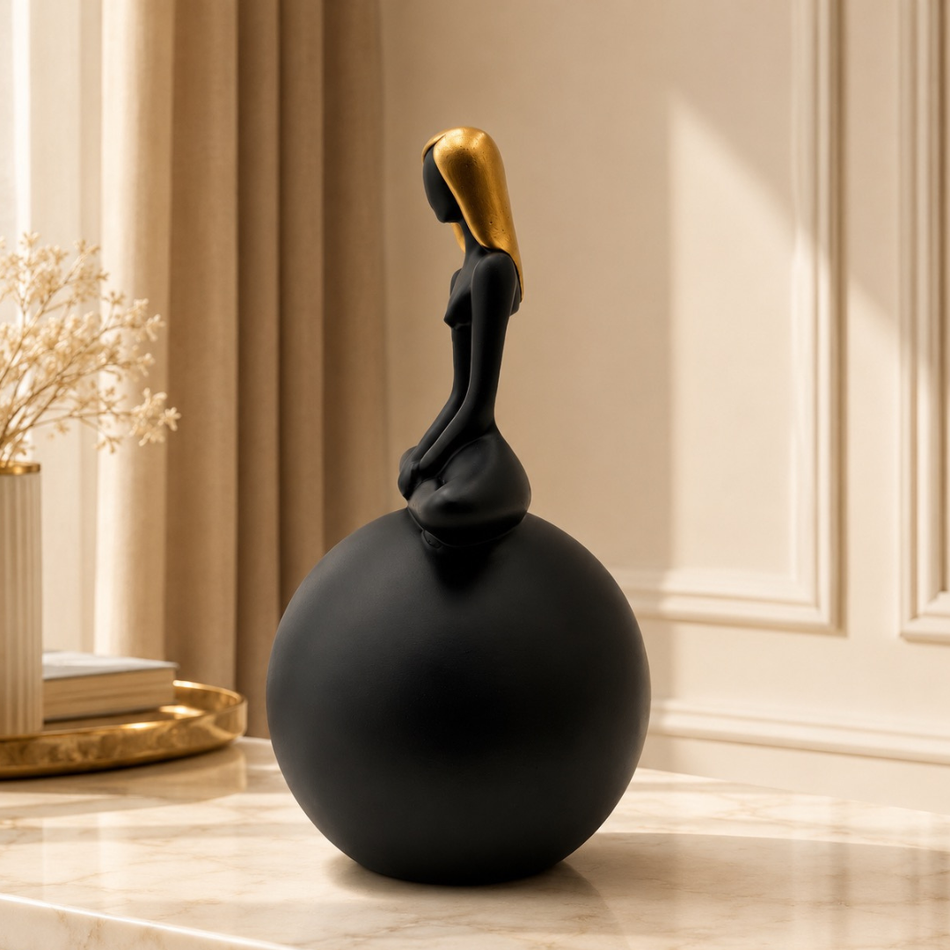 Black & Gold Yoga Lady Figurine on Ball 28cm – Resin Sculpture Ornament