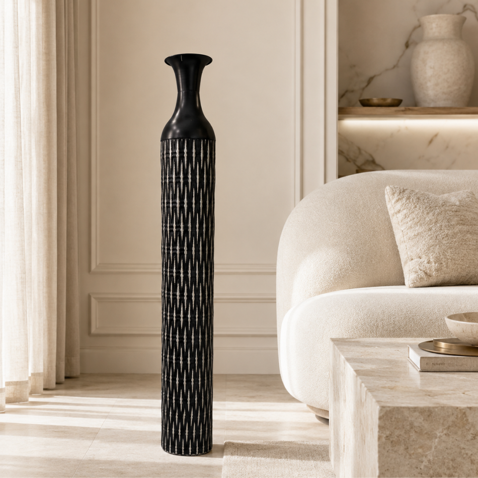 Black Reeded Floor Vase 108cm – Tall Slim Metal Vase