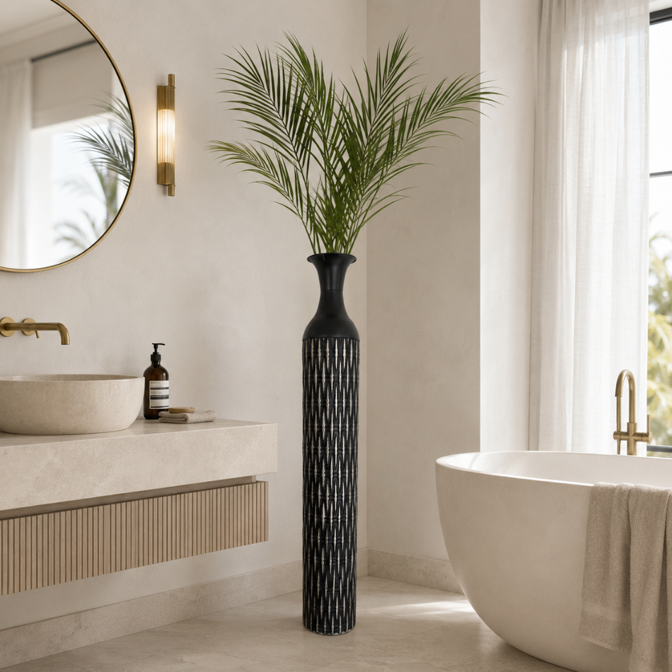 Black Reeded Floor Vase 108cm – Tall Slim Metal Vase