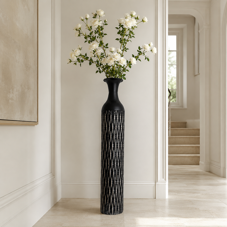 Black Reeded Floor Vase 88cm – Tall Slim Metal Vase
