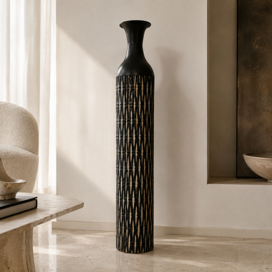 Black Reeded Floor Vase 88cm – Tall Slim Metal Vase