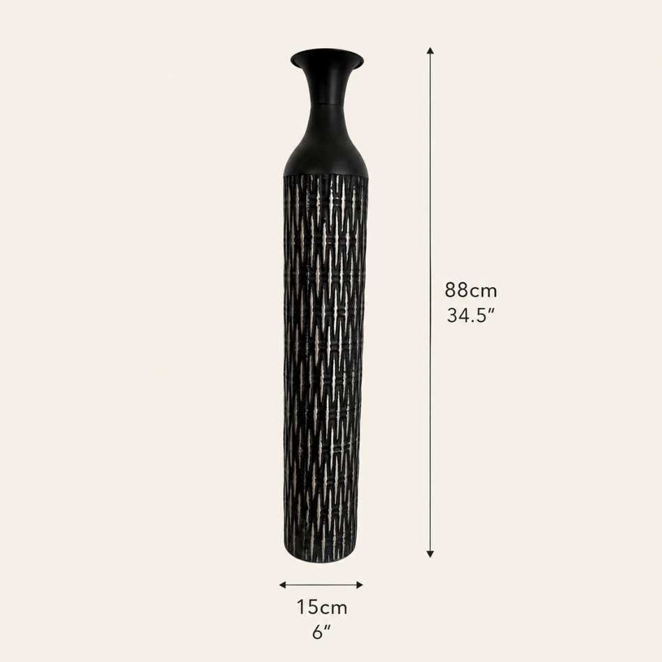 Black Reeded Office Floor Vase 88cm Tall Slim Metal Vase