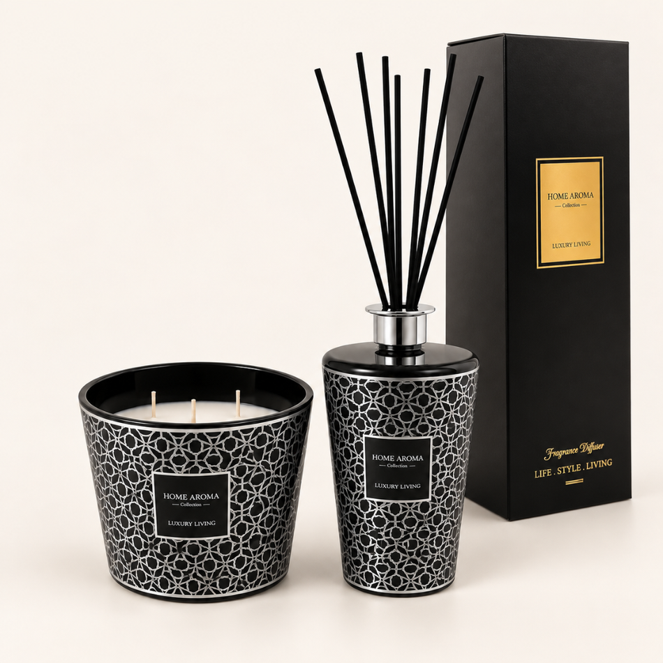 Black and Silver Geometric Reed Diffuser 1000ml and Scented Candle Gift Set
