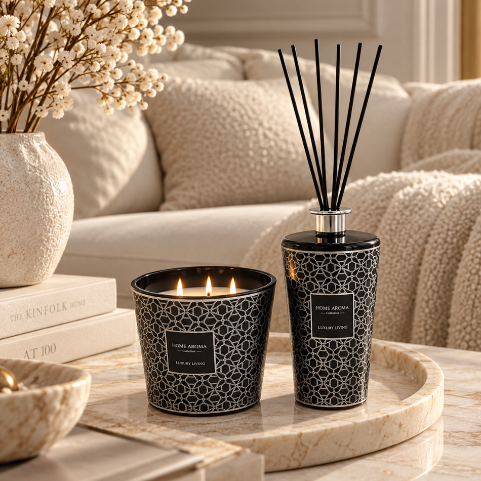 Black and Silver Geometric Reed Diffuser 1000ml and Scented Candle Gift Set