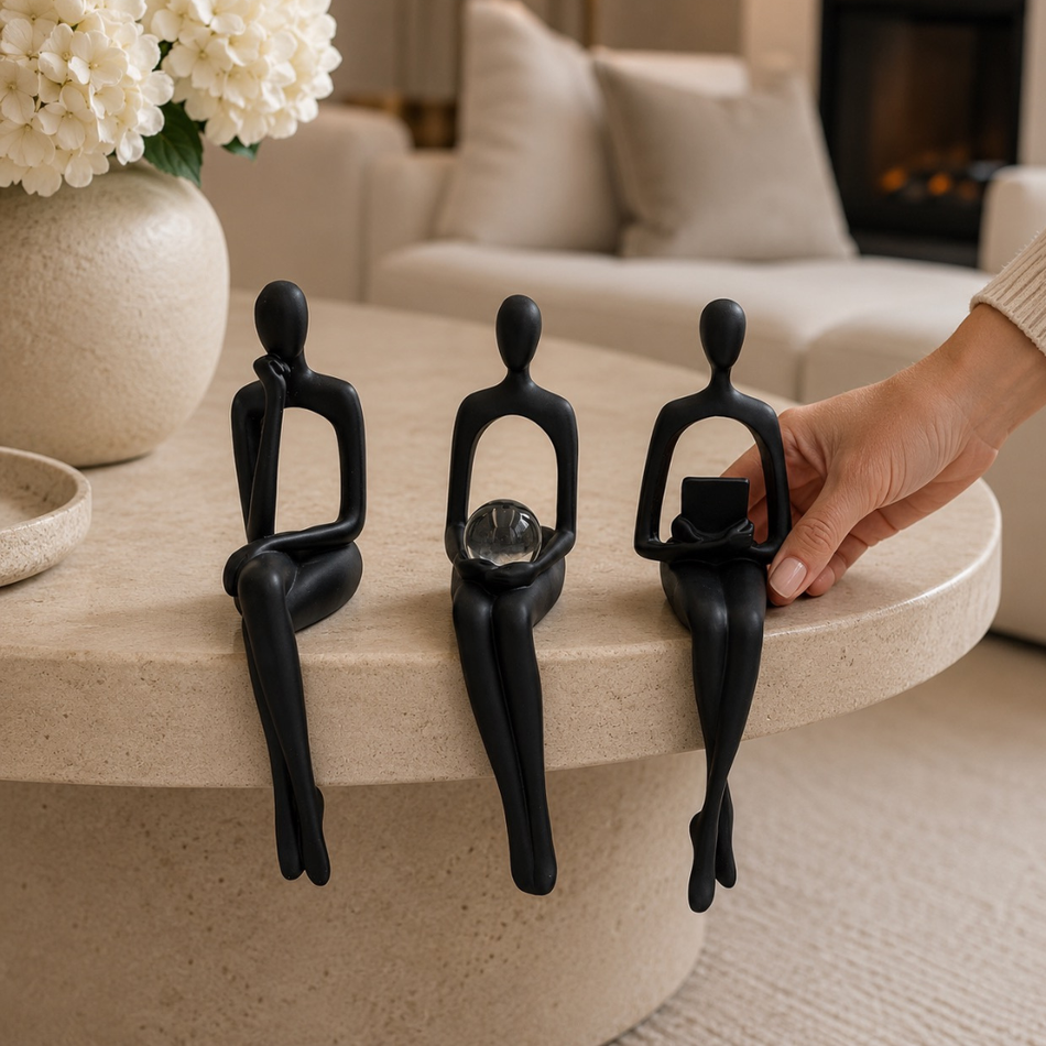 Set of 3 Black Abstract Thinker Shelf Sitter Ornaments 23cm – Modern Decorative Figurines