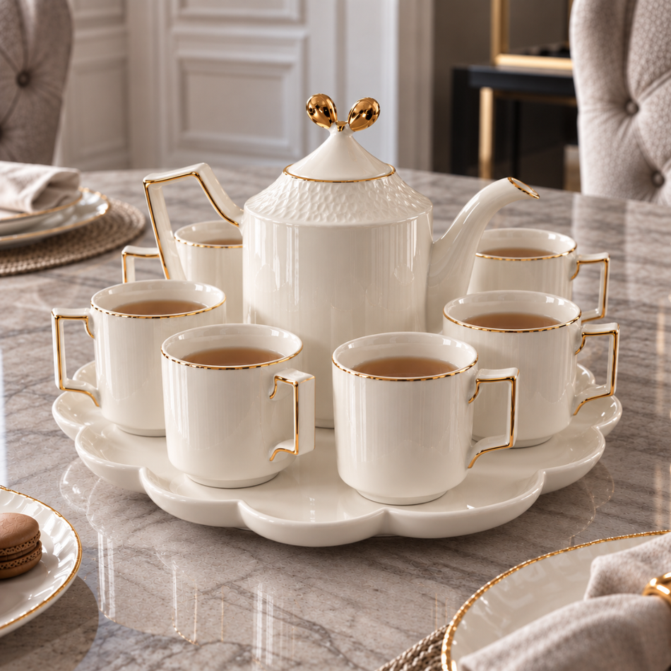 White & Gold Bow-Detail Porcelain Tea Set for 6 with Teapot & Rotating Tray