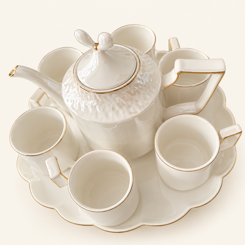 White & Gold Bow-Detail Porcelain Tea Set for 6 with Teapot & Rotating Tray