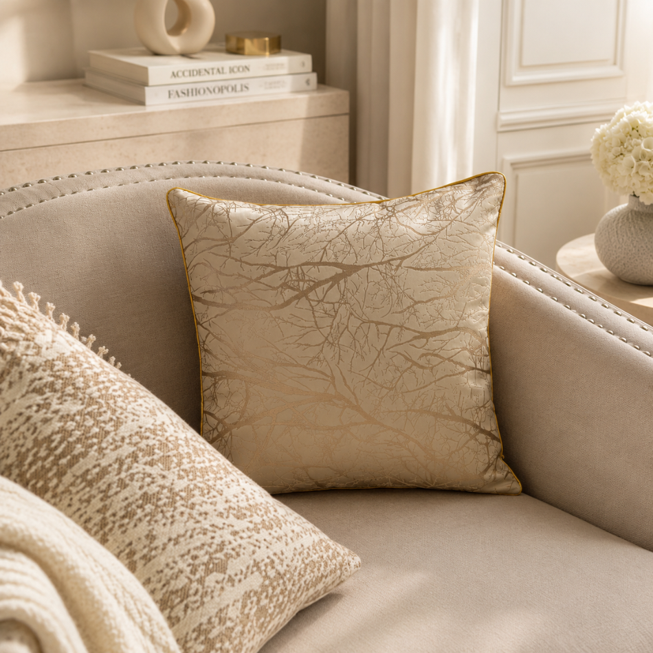 Branch Jacquard Cushion Cover 45 x 45cm Cream and Gold