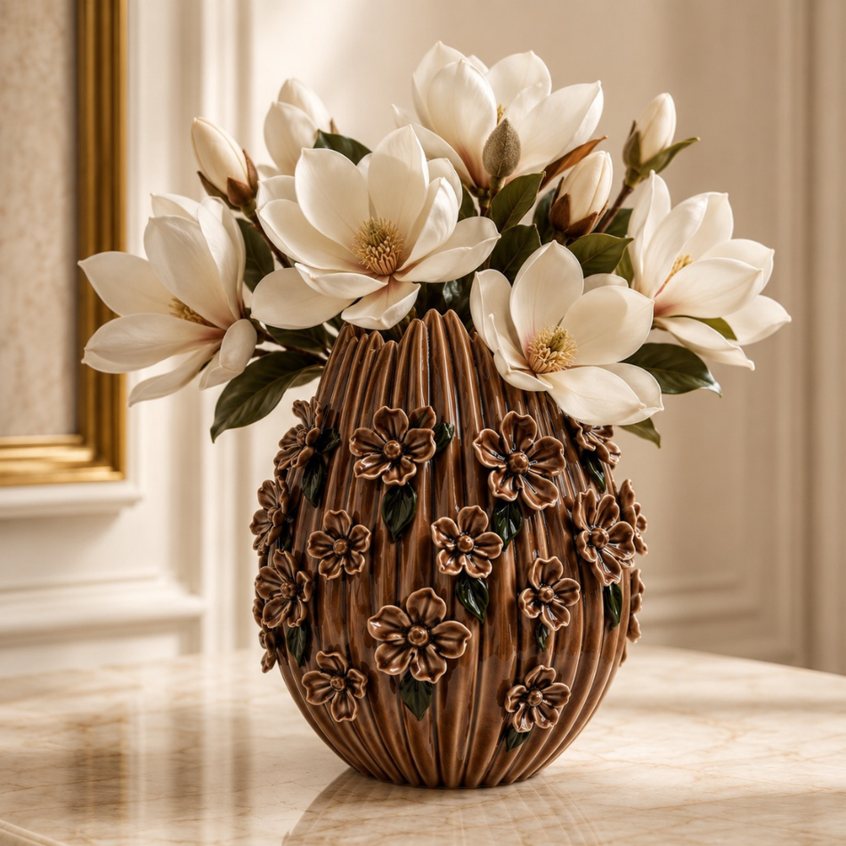 Brown Blossom Vase 29cm – Ribbed Ceramic Flower Vase