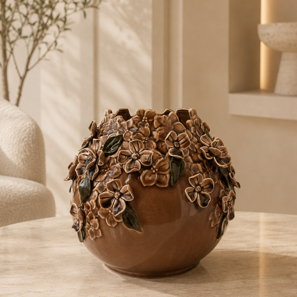 Brown Blossom Vase 20.5cm – Crackle-Glazed Ceramic Flower Vase