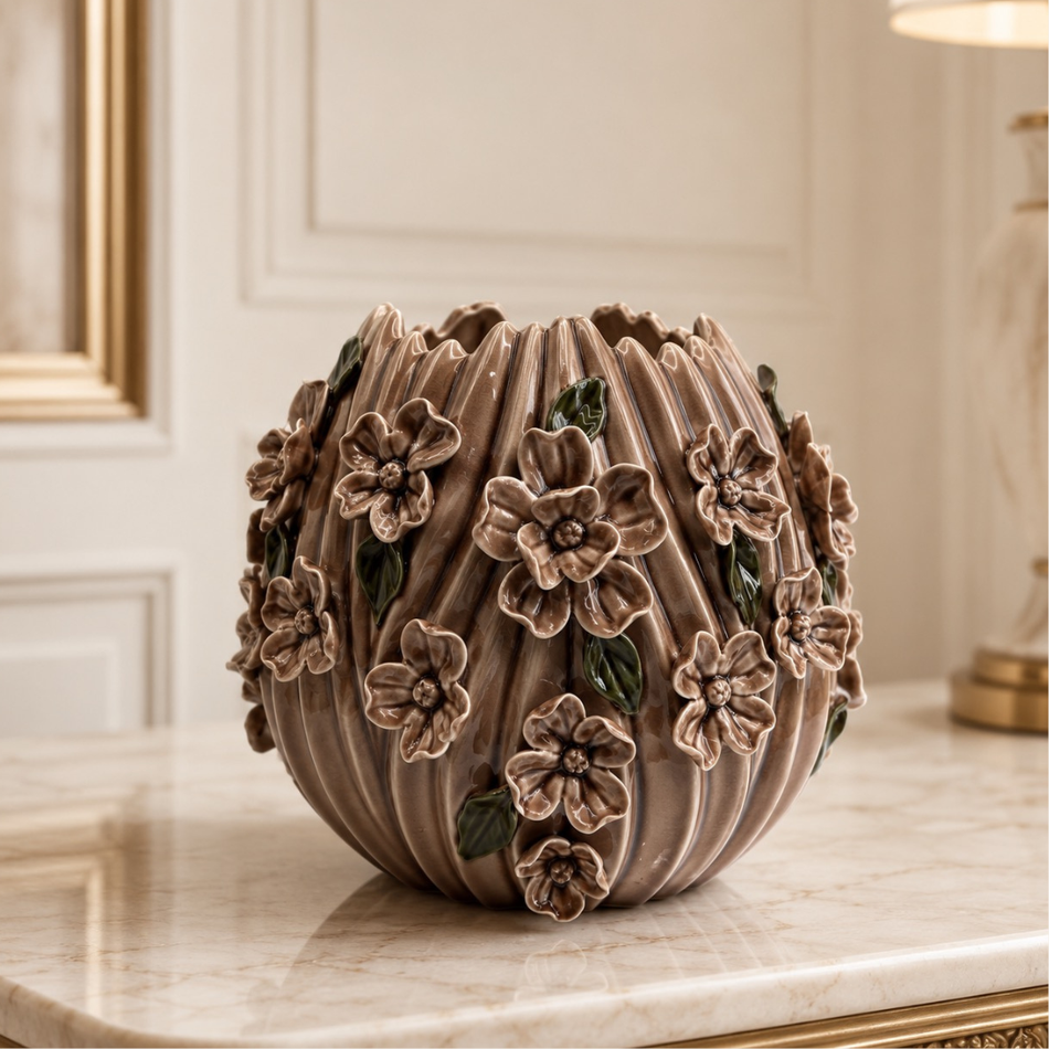 Brown Blossom Vase 22cm – Ribbed Ceramic Flower Vase