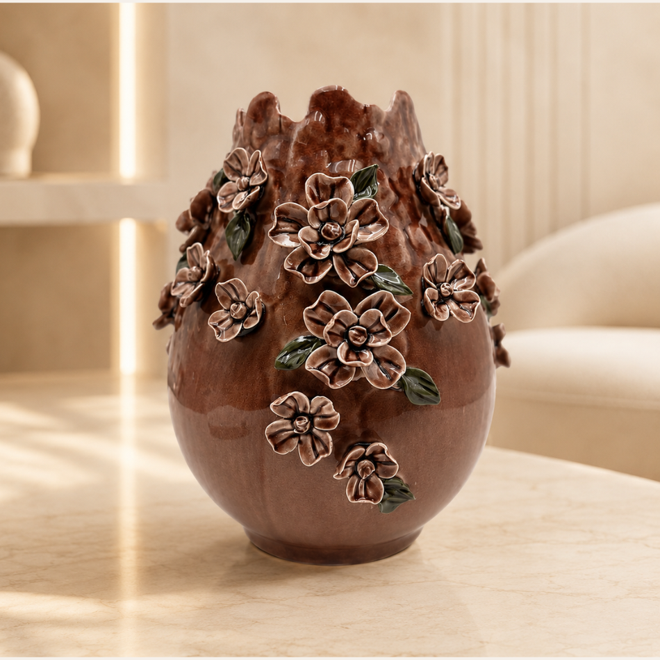 Brown Blossom Vase 29cm – Crackle-Glazed Ceramic Flower Vase