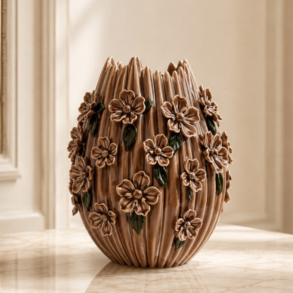 Brown Blossom Vase 29cm – Ribbed Ceramic Flower Vase