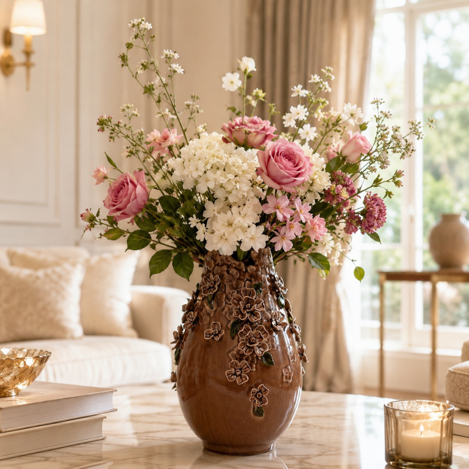 Brown Blossom Vase 37cm – Crackle-Glazed Ceramic Flower Vase