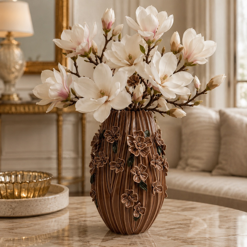 Brown Blossom Vase 38cm – Ribbed Ceramic Flower Vase