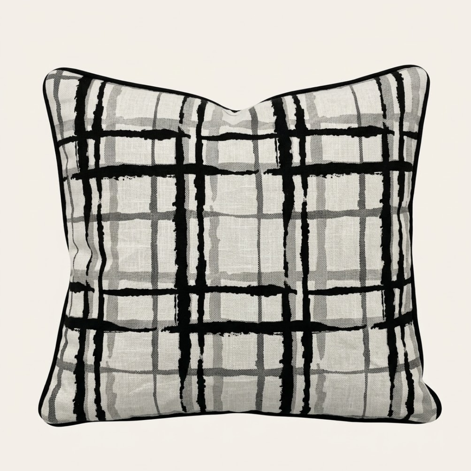 Brushstroke Plaid Cushion Cover 45 x 45cm Black Grey and White