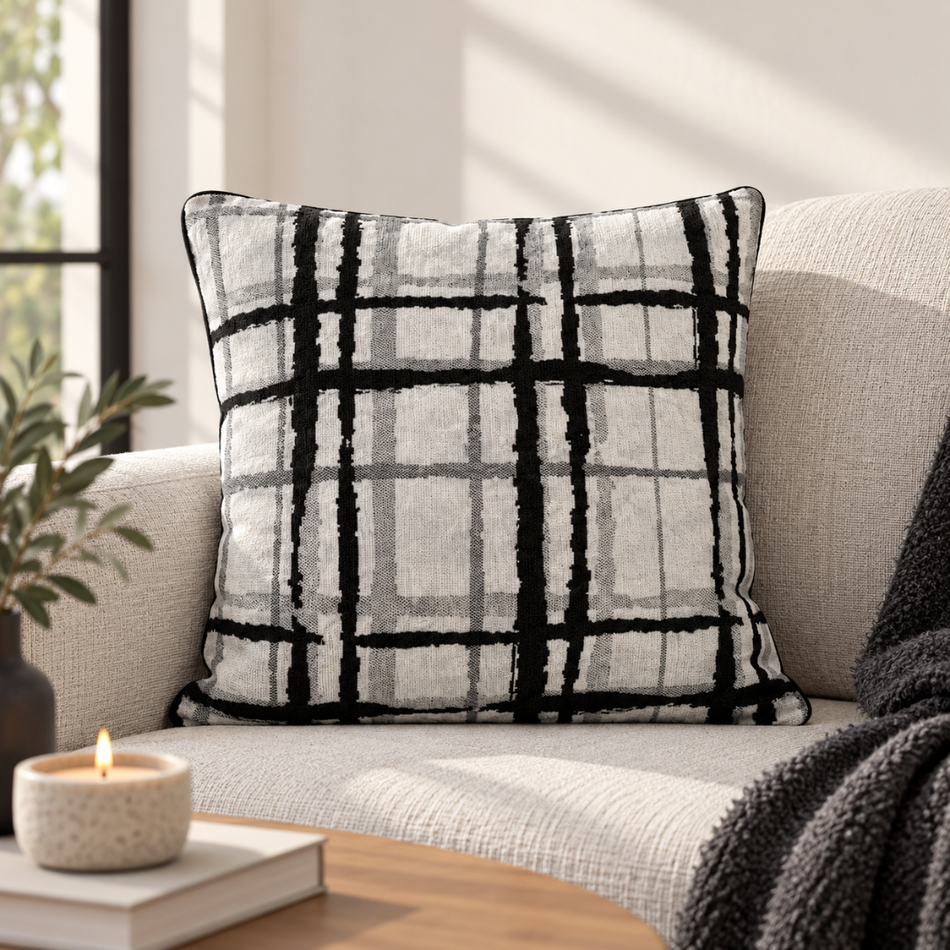 Brushstroke Plaid Cushion Cover 45 x 45cm Black Grey and White