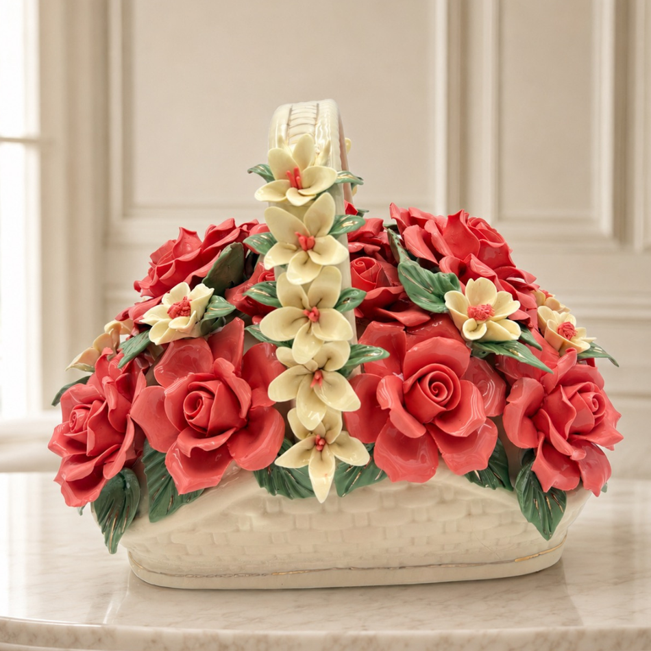 Ceramic Rose Floral Basket Ornament 30cm – Decorative Flower Basket