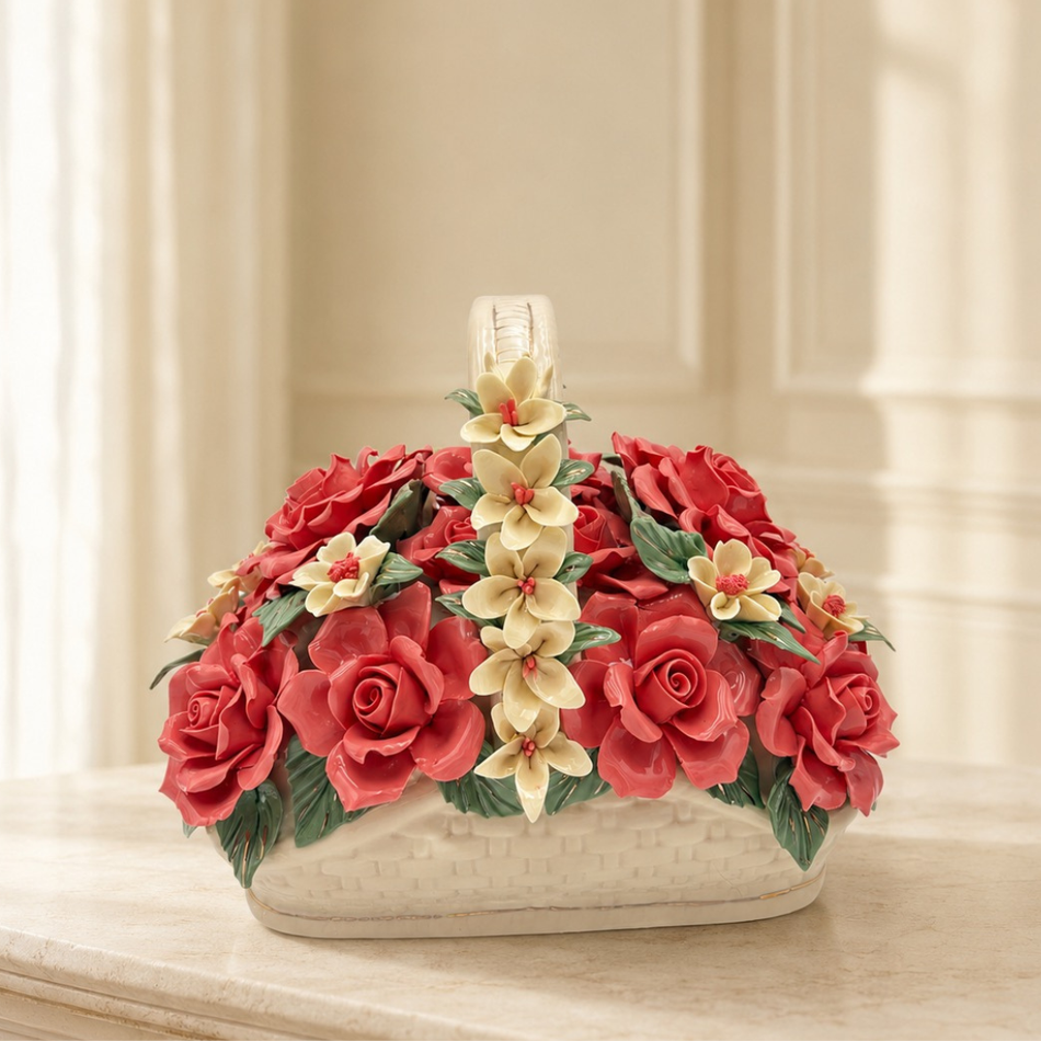 Ceramic Rose Floral Basket Ornament 30cm – Decorative Flower Basket