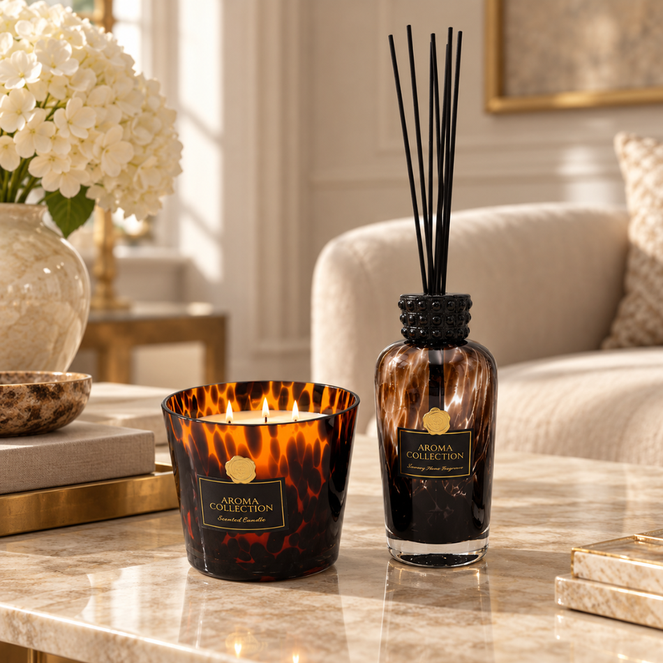 Champagne Reed Diffuser 1000ml and Scented Candle Gift Set Tortoiseshell Glass