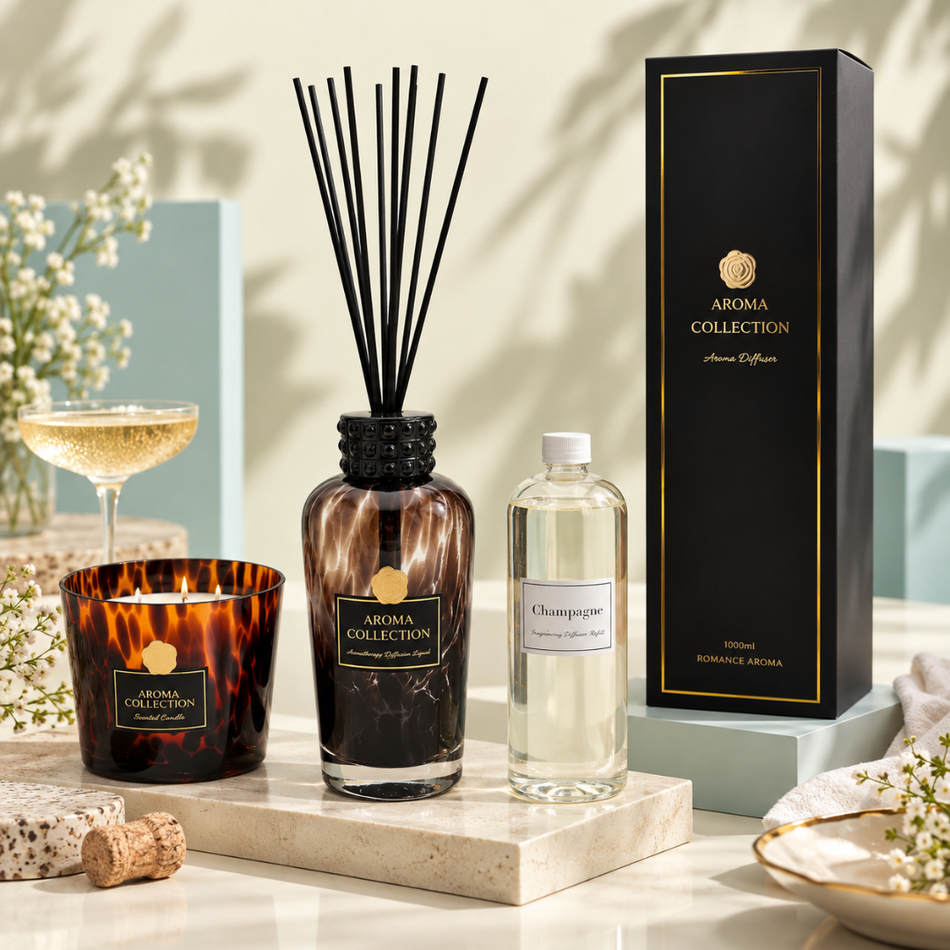 Champagne Reed Diffuser 1000ml and Scented Candle Gift Set Tortoiseshell Glass