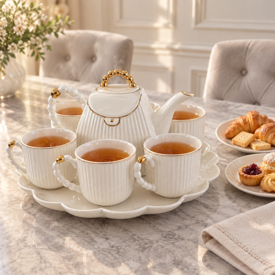 White & Gold Pearl-Detail Porcelain Tea Set for 6 with Teapot & Rotating Tray