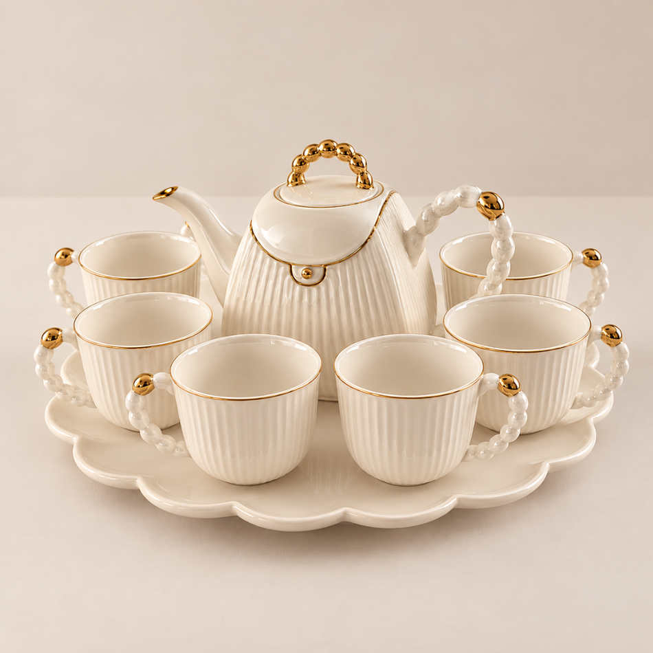 White & Gold Pearl-Detail Porcelain Tea Set for 6 with Teapot & Rotating Tray