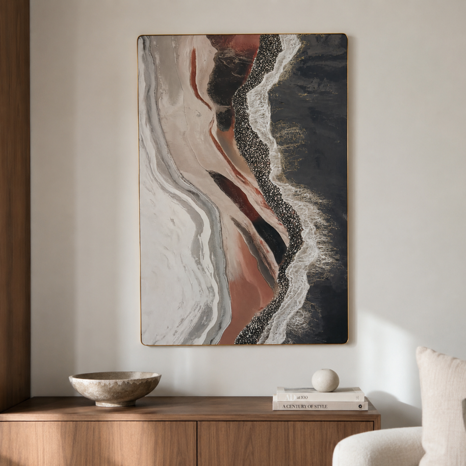 Coastal Strata Textured Framed Wall Art 60 x 90cm Blush and Charcoal