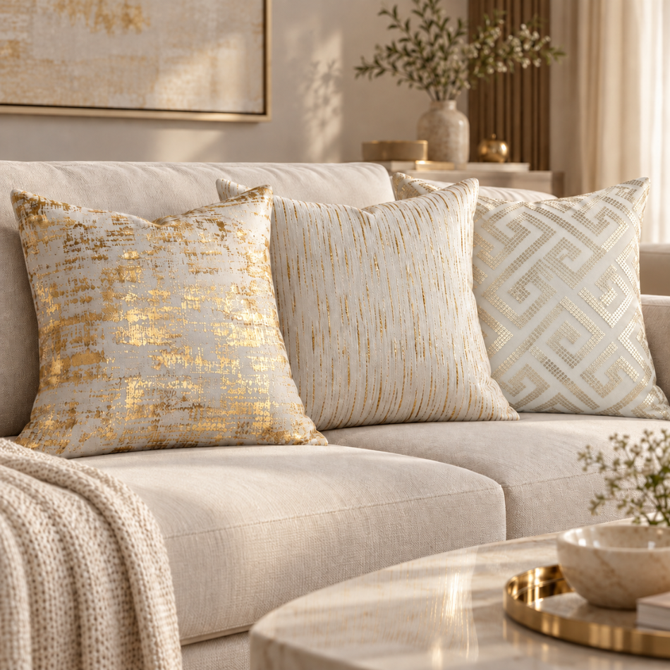 Cream and Gold Cushion Gift Set of 3 with Pads 45 x 45cm