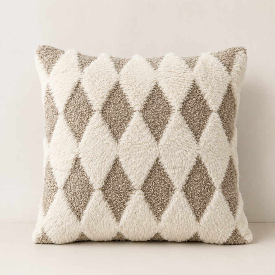 Diamond Faux Fur Cushion Cover 45 x 45cm Cream and Grey