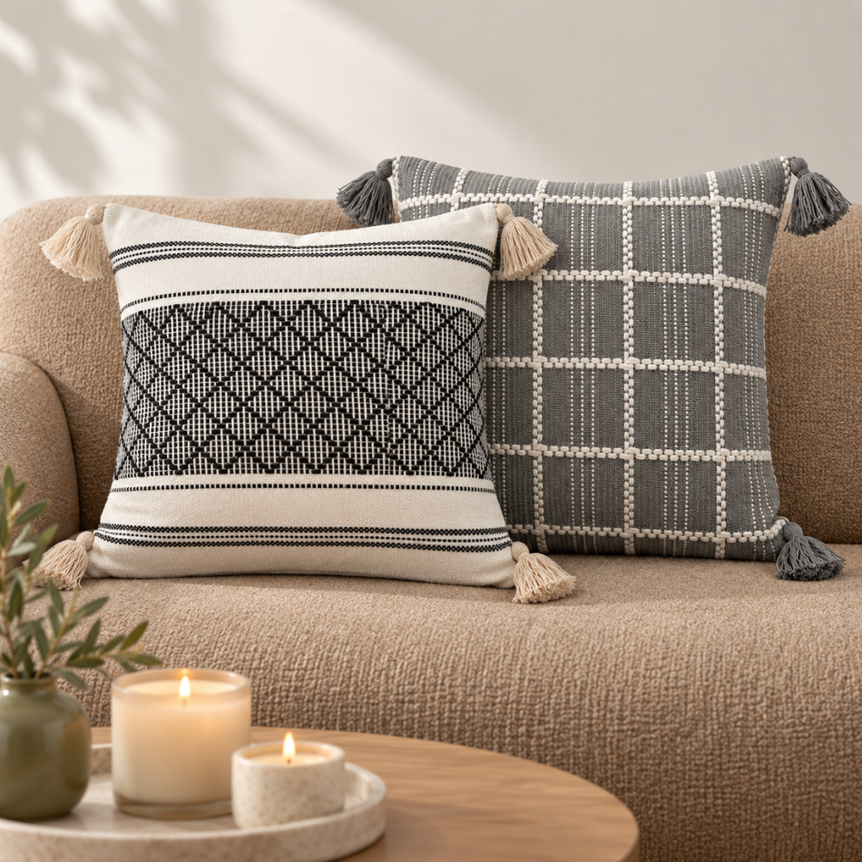Woven Tassel Cushion Gift Set of 2 with Pads 45 x 45cm Grey Cream and Black