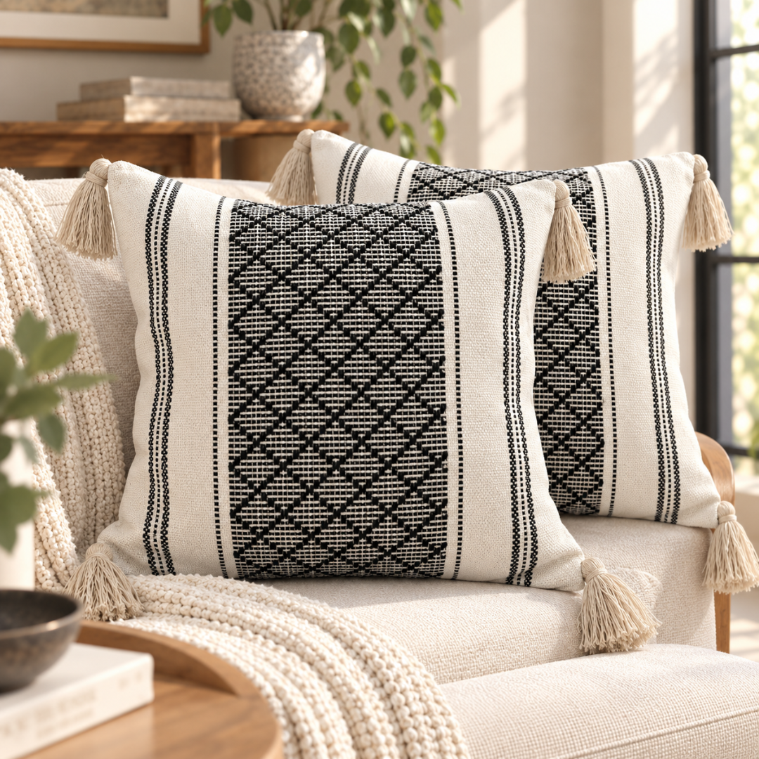 Two woven throw pillows with black geometric and striped patterns on a cream background, styled on a beige armchair in a warm, sunlit living room.