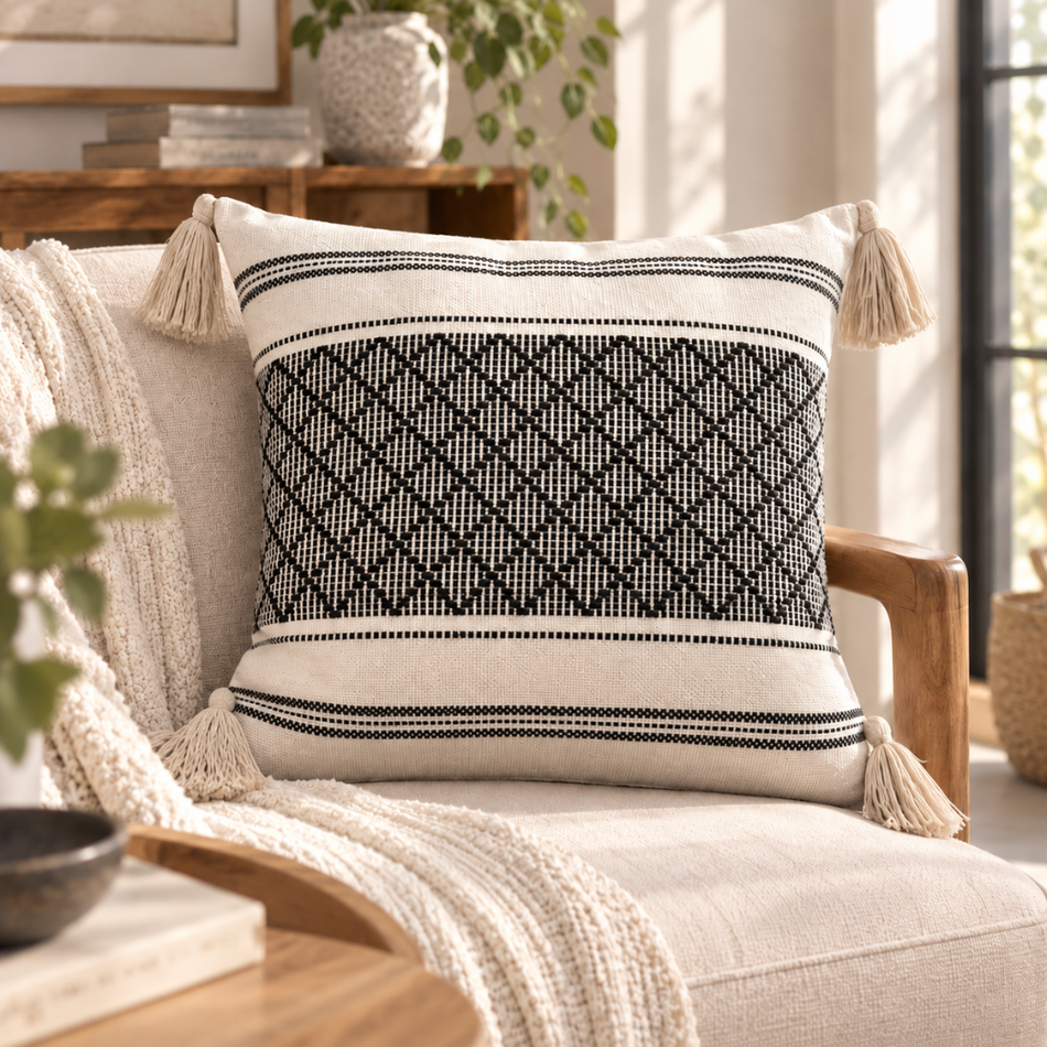 Diamond Weave Tassel Cushion Cover 45 x 45cm Cream and Black