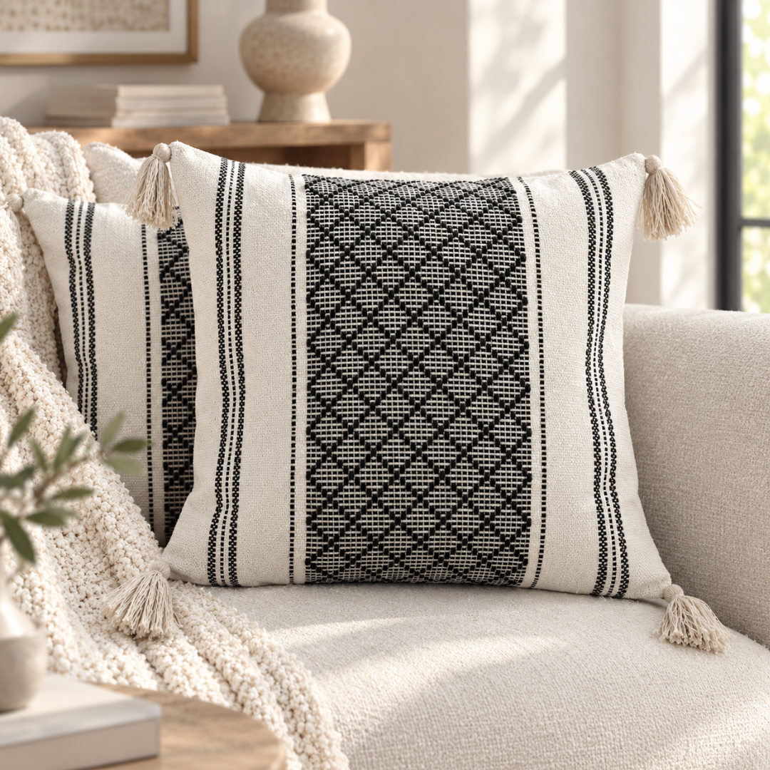 A square throw pillow with a black and off-white woven geometric pattern and tassels, styled on a light beige sofa next to a chunky knit blanket in a bright living room.