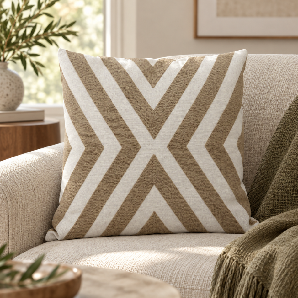 Embroidered Chevron Cushion Cover 45 x 45cm Taupe and Cream