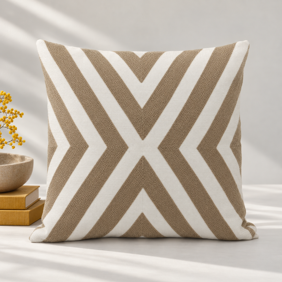 Embroidered Chevron Cushion Cover 45 x 45cm Taupe and Cream