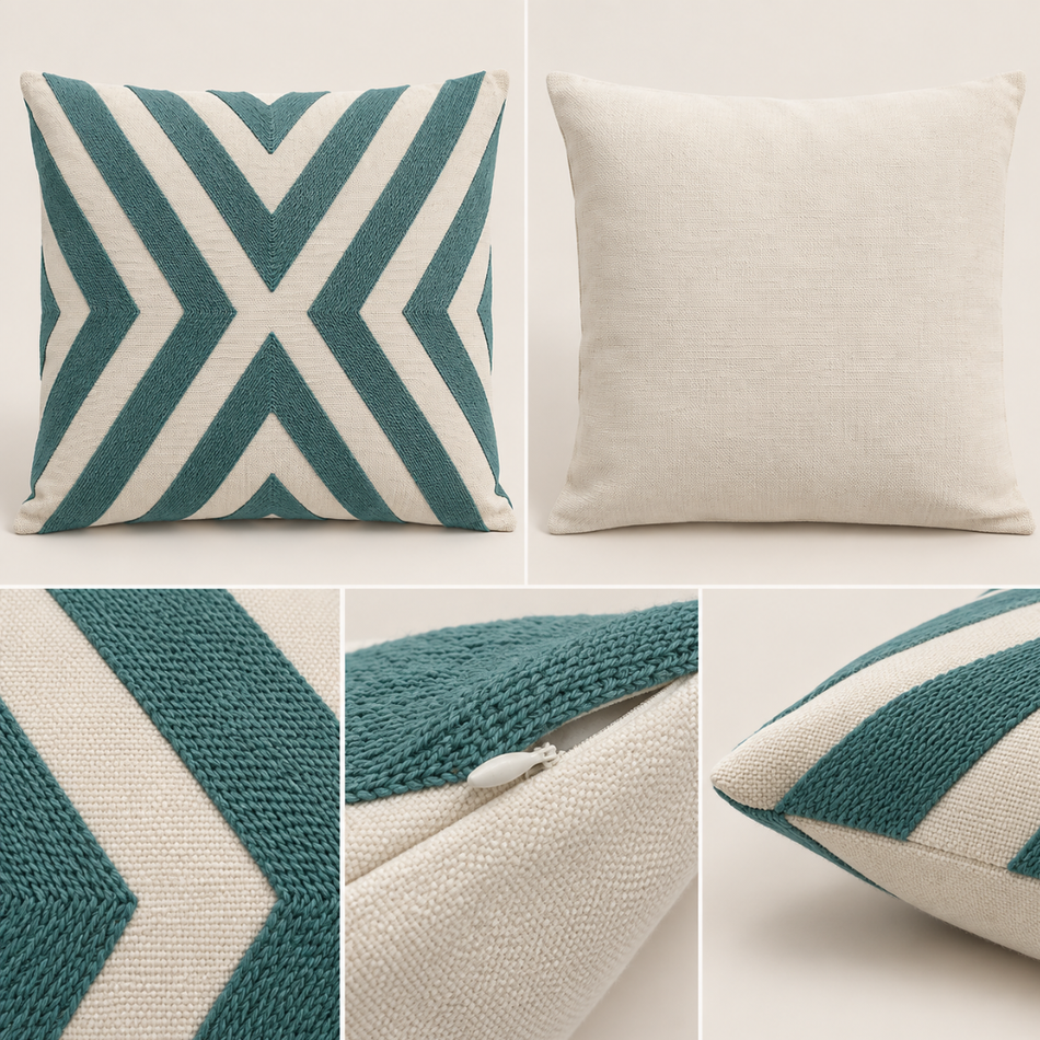 Embroidered Chevron Cushion Cover 45 x 45cm Teal and Cream