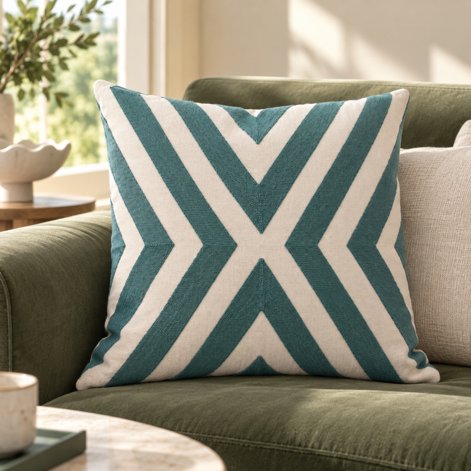 Embroidered Chevron Cushion Cover 45 x 45cm Teal and Cream
