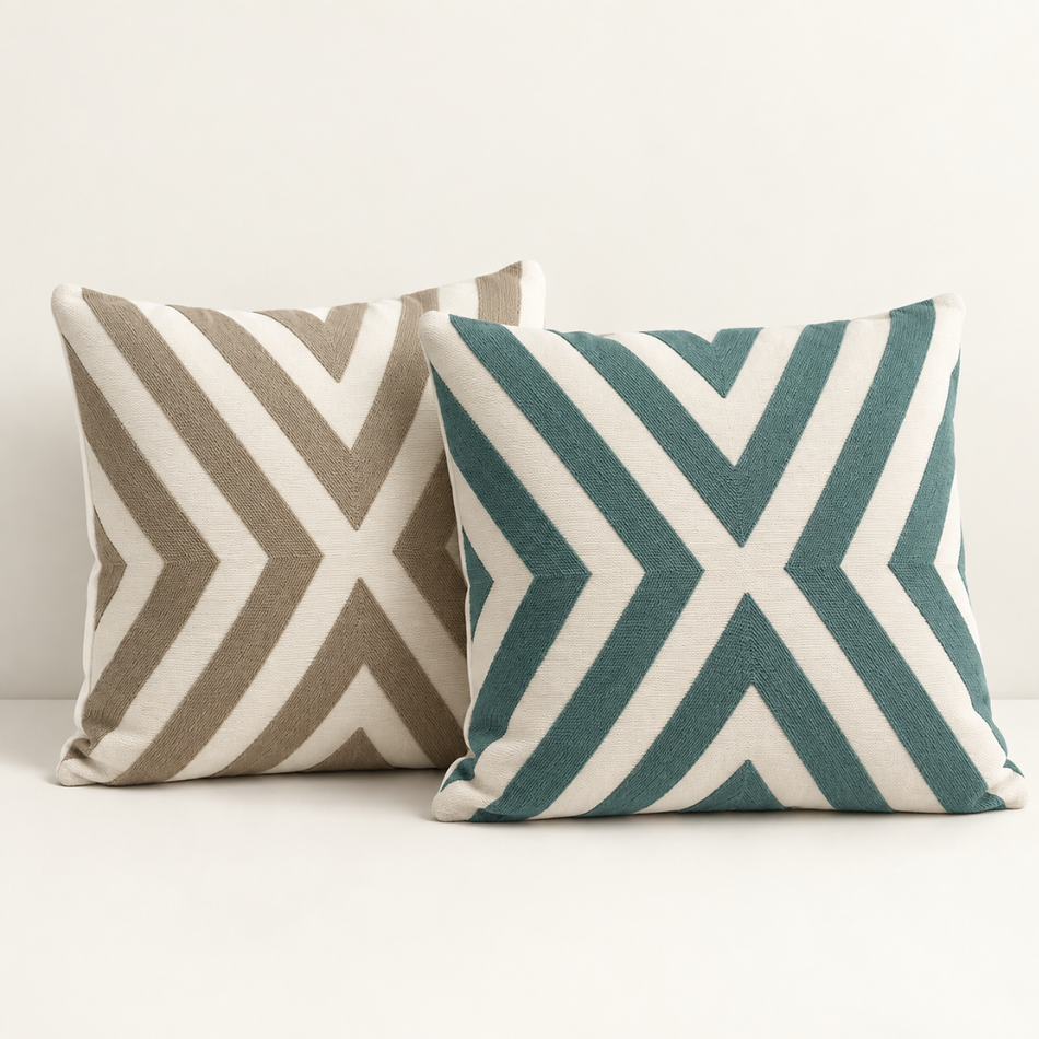 Embroidered Chevron Cushion Gift Set of 2 with Pads 45 x 45cm Teal and Taupe