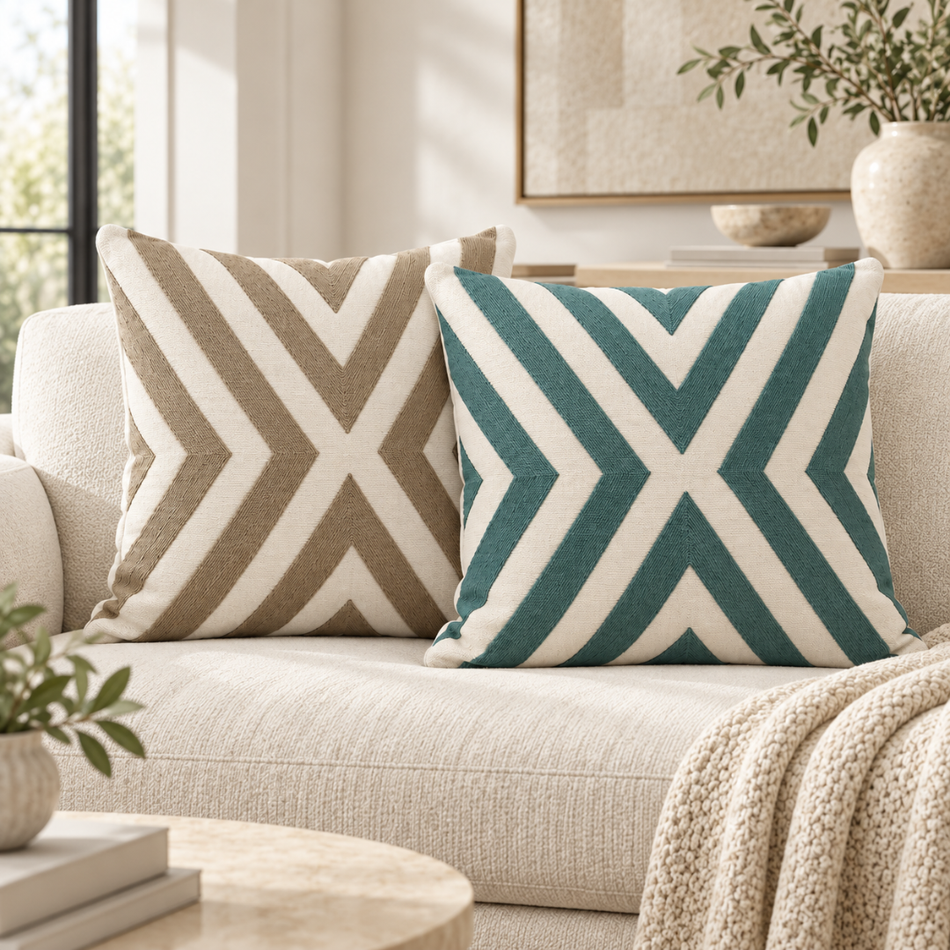 Embroidered Chevron Cushion Gift Set of 2 with Pads 45 x 45cm Teal and Taupe