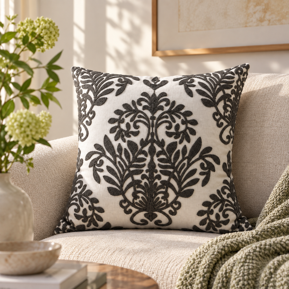 Embroidered Damask Cushion Cover 45 x 45cm Black and Cream