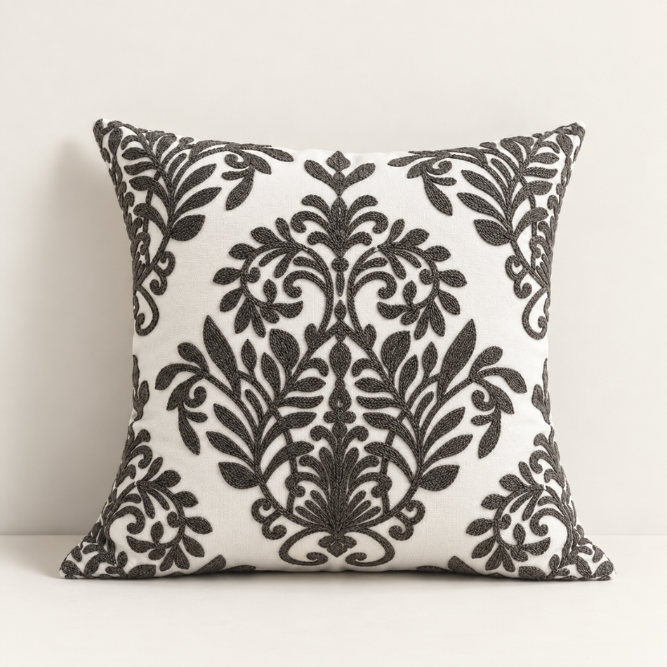Embroidered Damask Cushion Cover 45 x 45cm Black and Cream