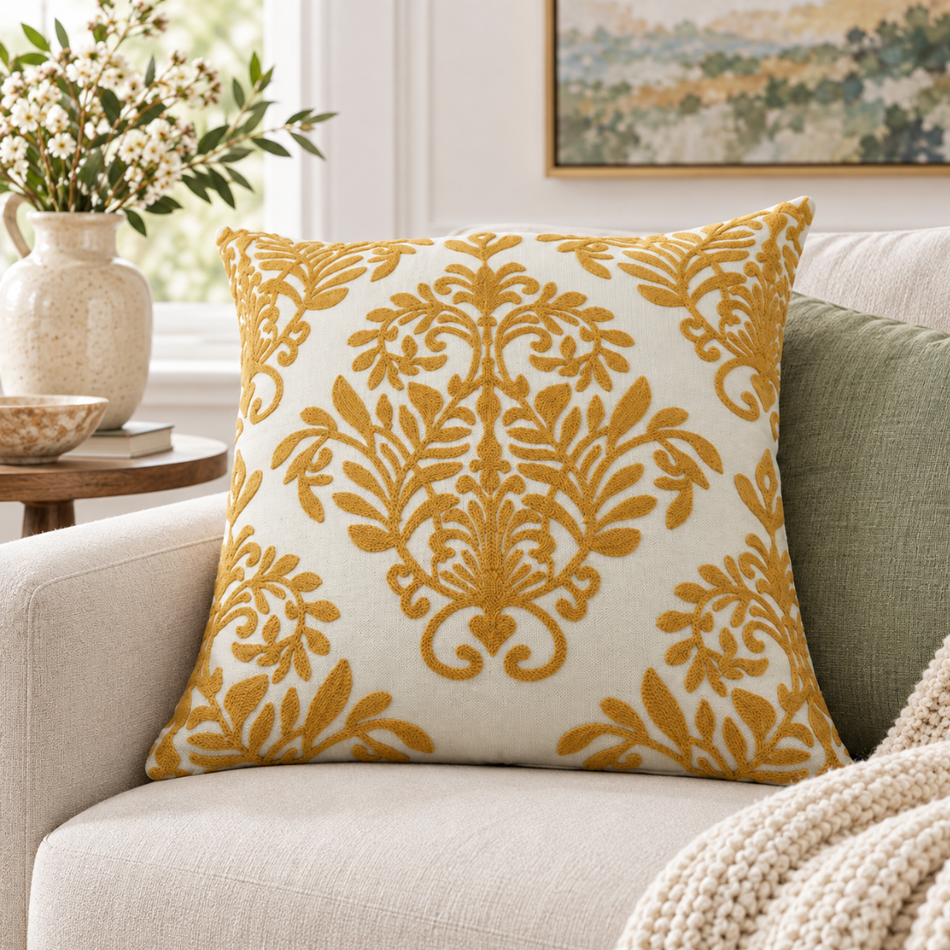 Embroidered Damask Cushion Cover 45 x 45cm Mustard and Cream