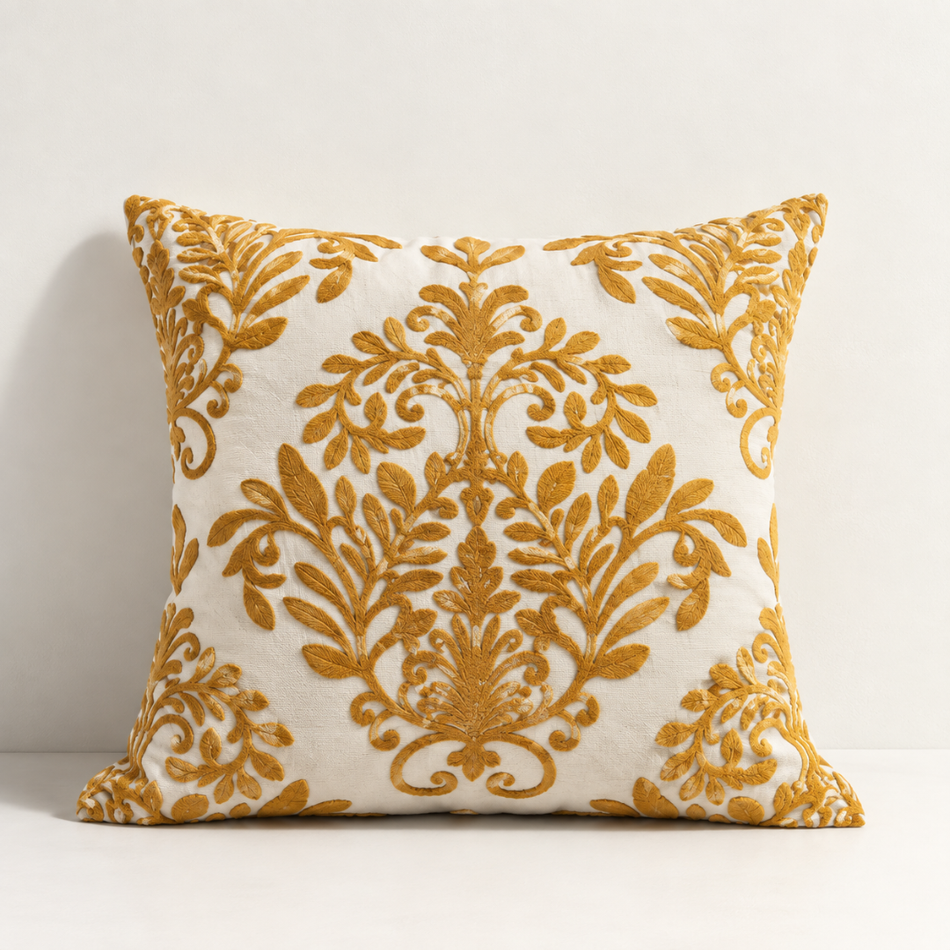 Embroidered Damask Cushion Cover 45 x 45cm Mustard and Cream